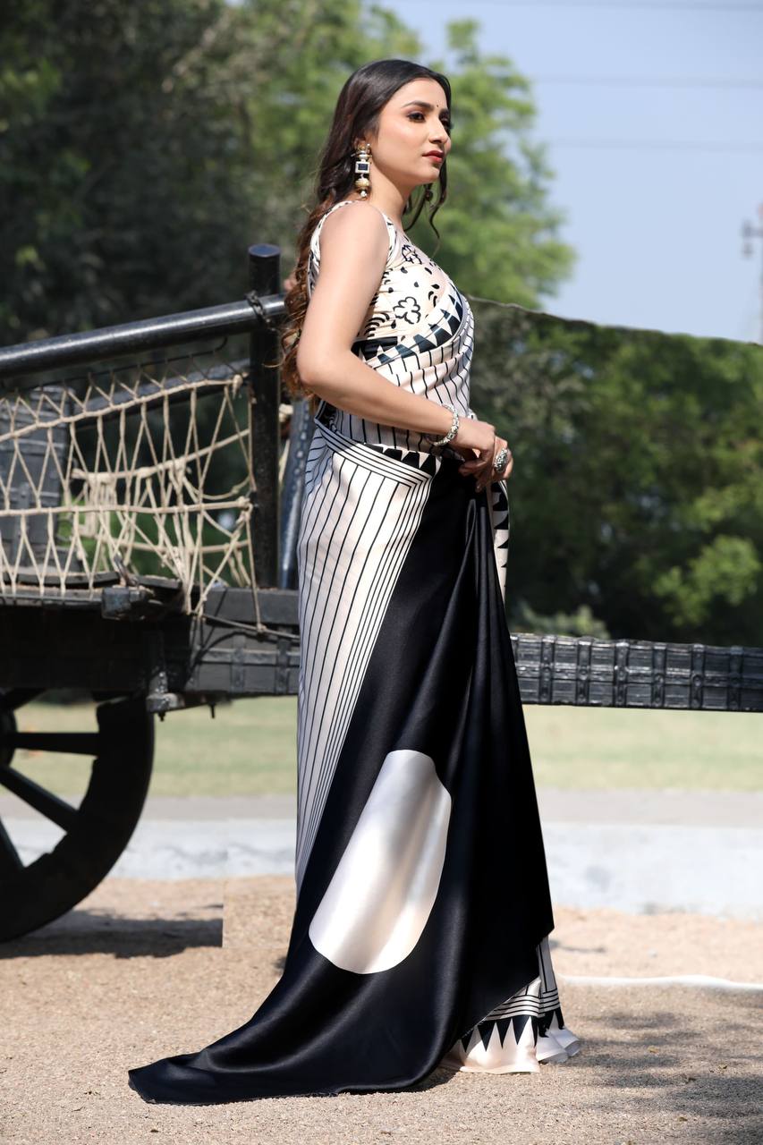 White & Black Stripe Digital Print Original Japan Satin (Devsena satin)