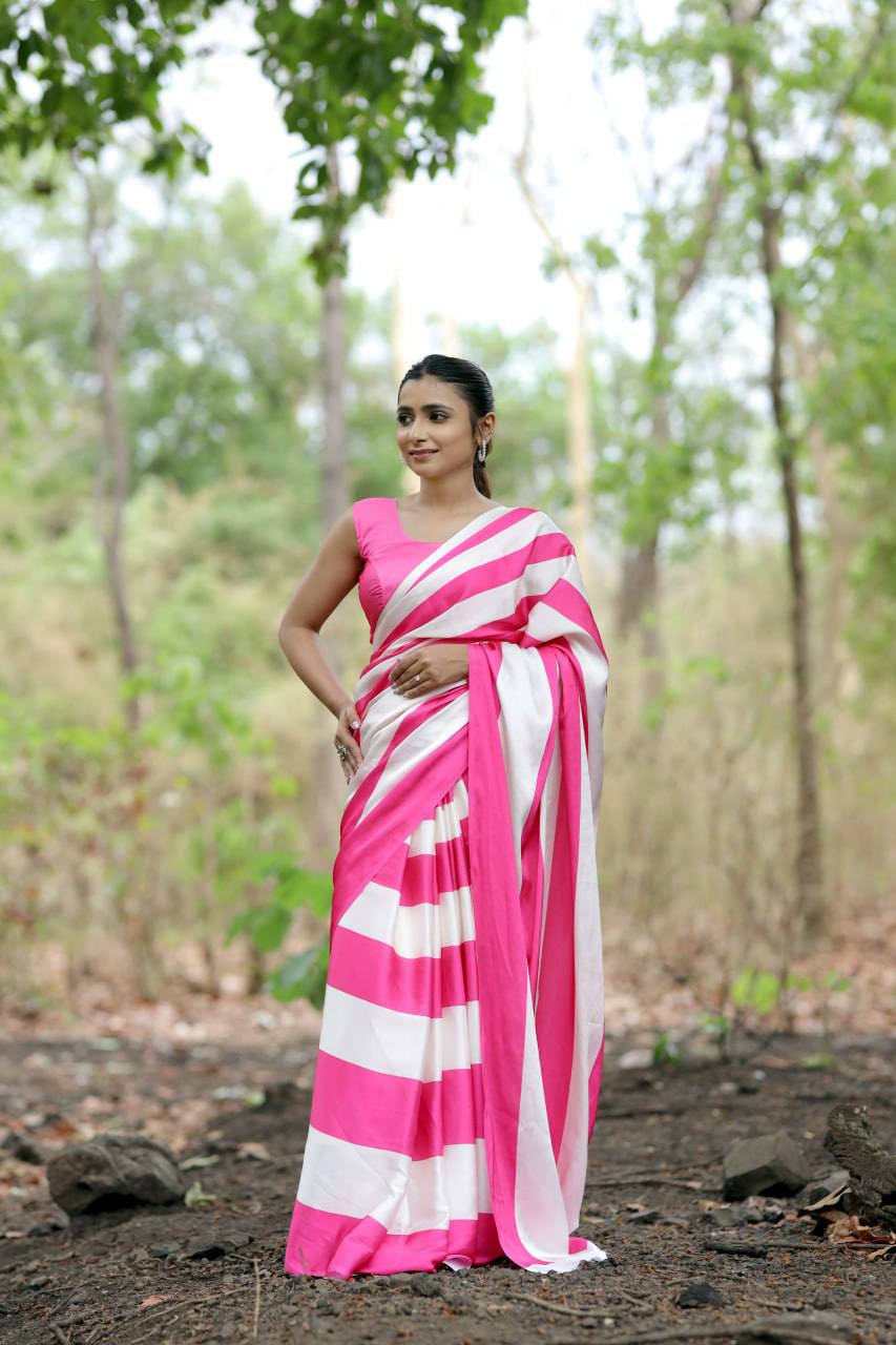 Pink & White Vertical Stripe Digital Print  saree Original Japan Satin (Devsena satin)
