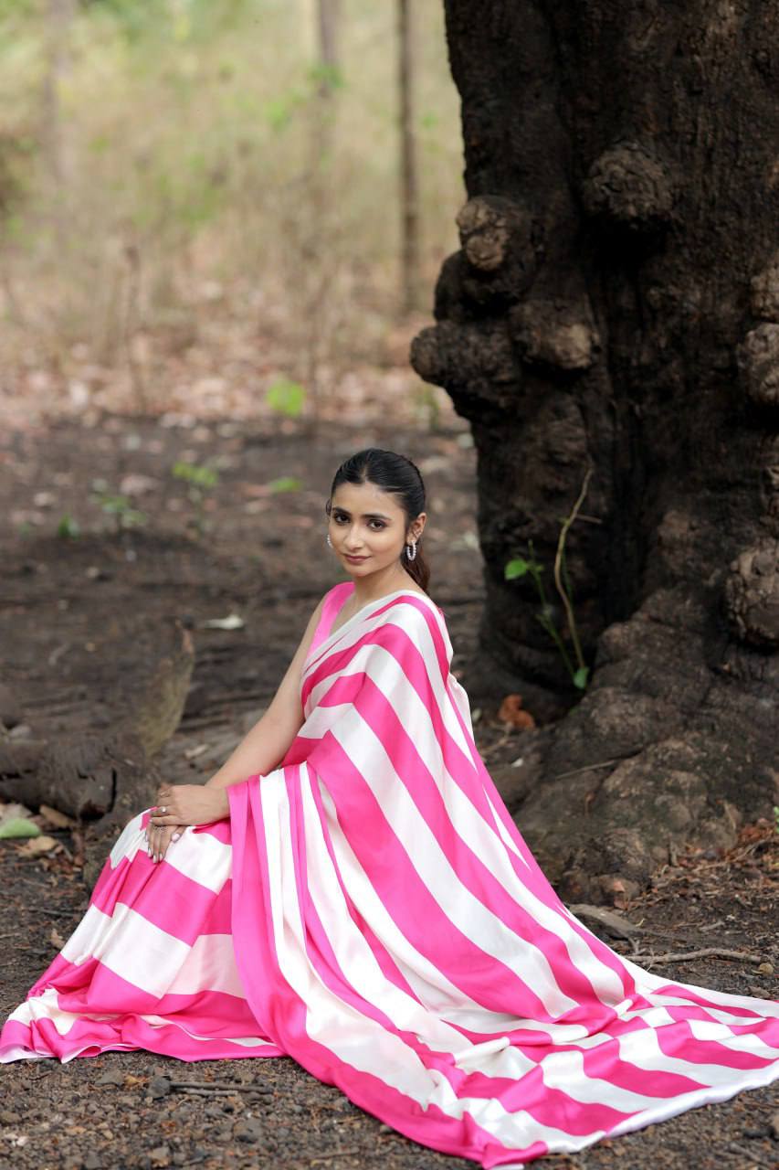 Pink & White Vertical Stripe Digital Print  saree Original Japan Satin (Devsena satin)