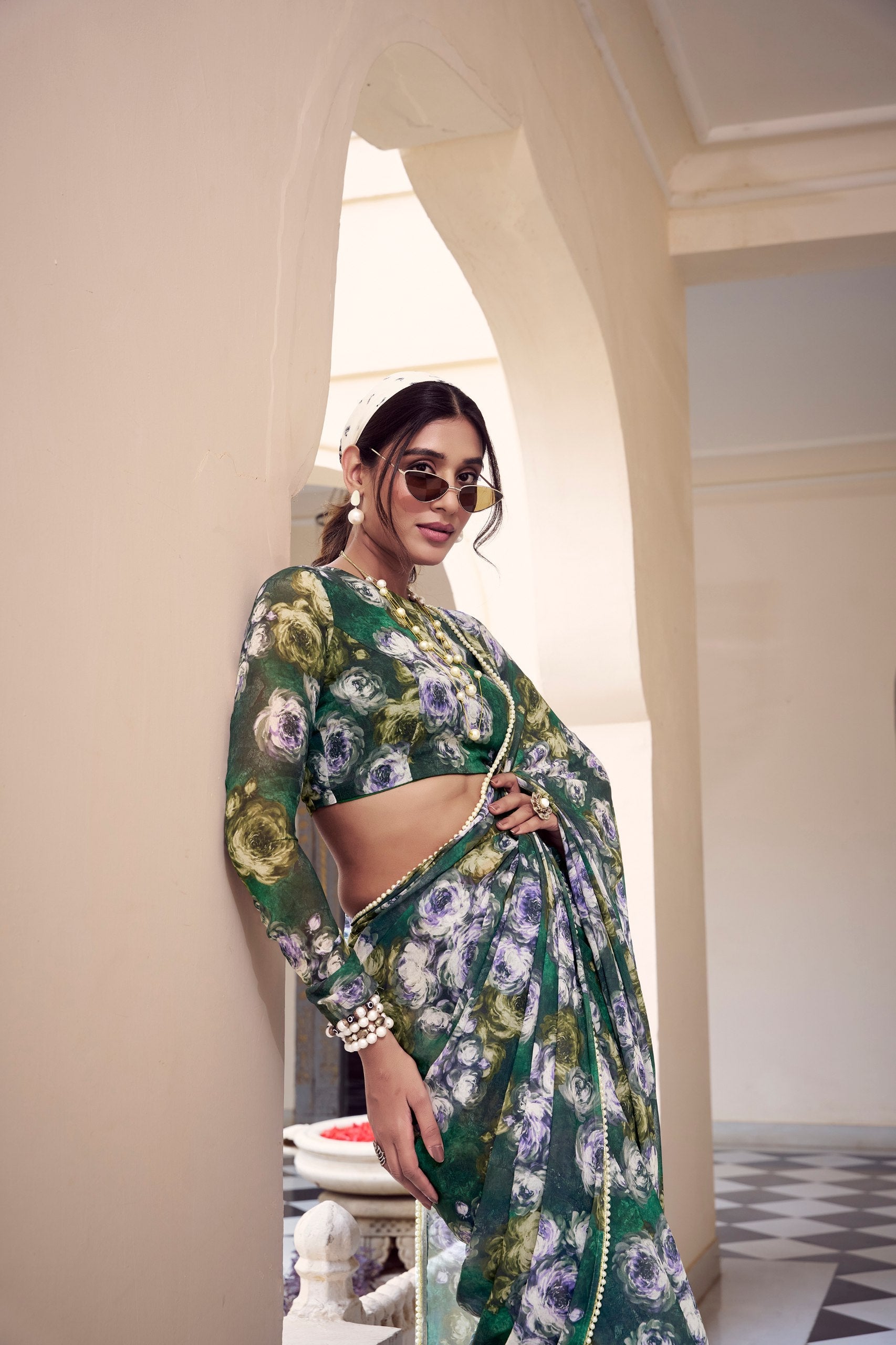 Multicolor Digital Print Weightless Marbel Floral Hot Modern Saree Wtih Pearl Lace Border