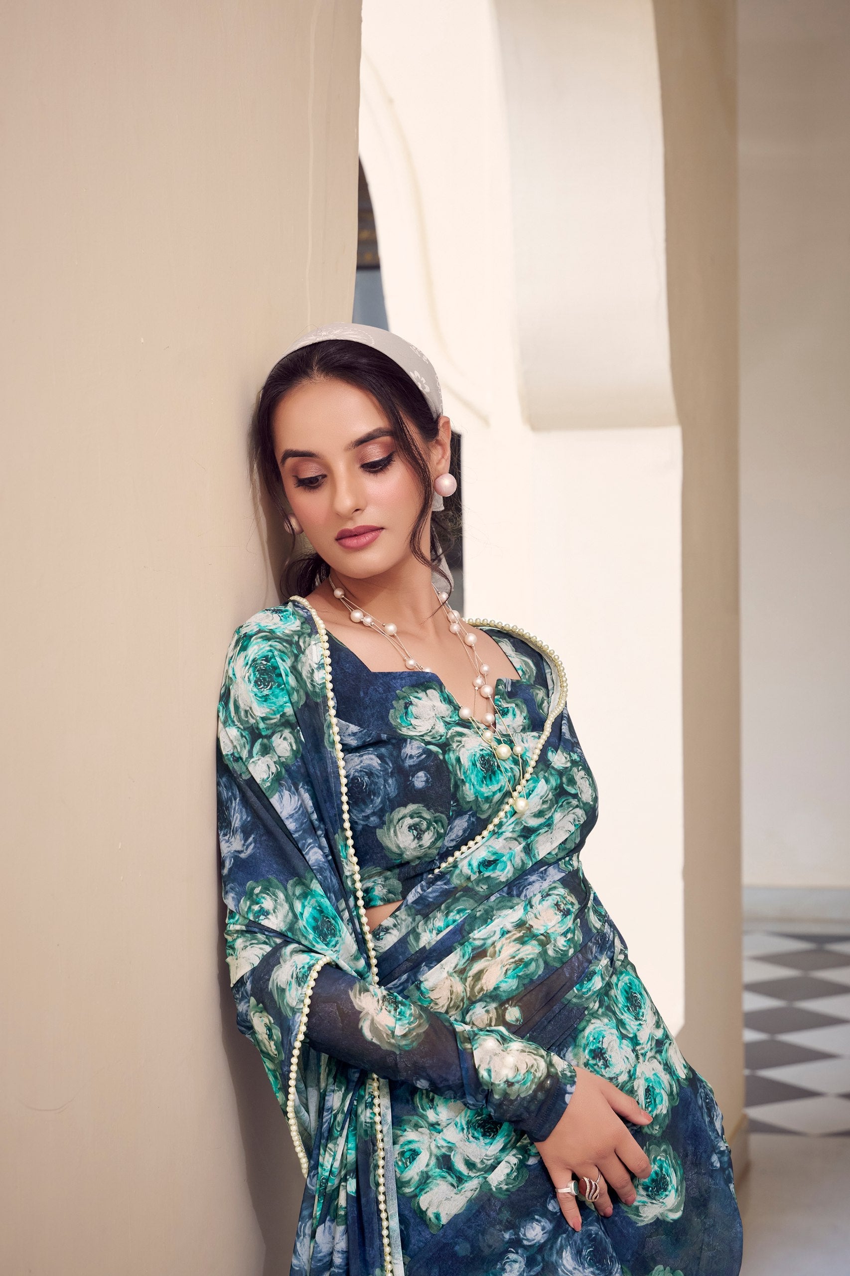 Multicolor Digital Print Weightless Marbel Floral Hot Modern Saree Wtih Pearl Lace Border