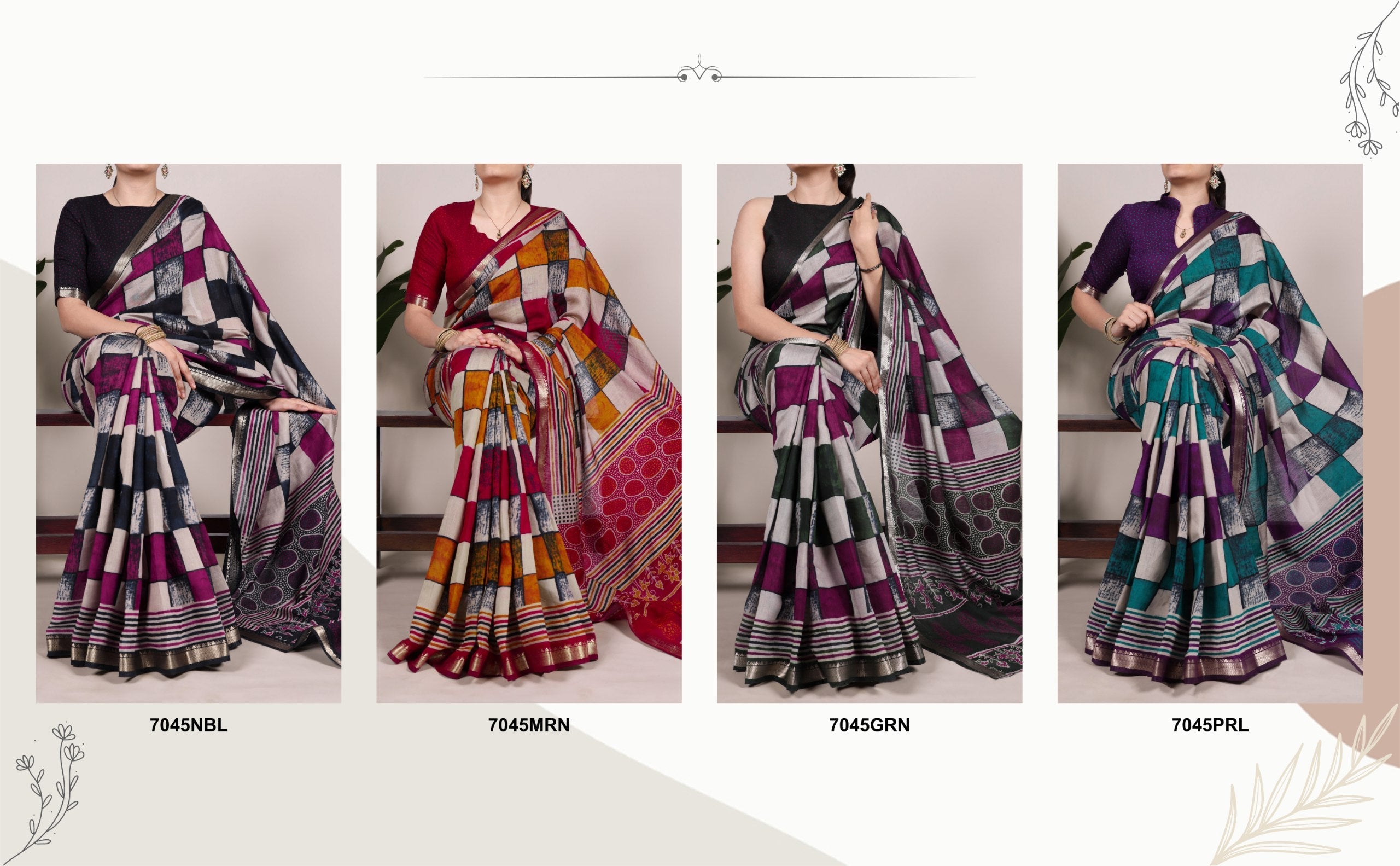 Digtial Printed Maroon Box Pattern With Temple Border Saree
