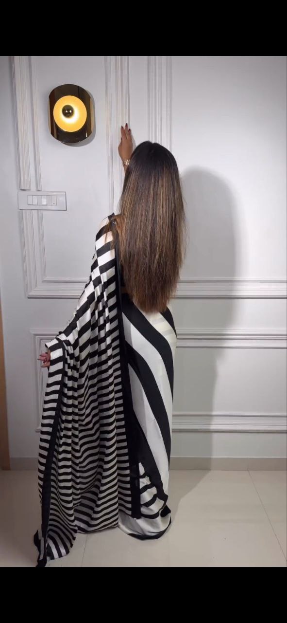 Black and White Zebra Print Style Saree Digital Print  Original Japan Satin (Devsena satin)