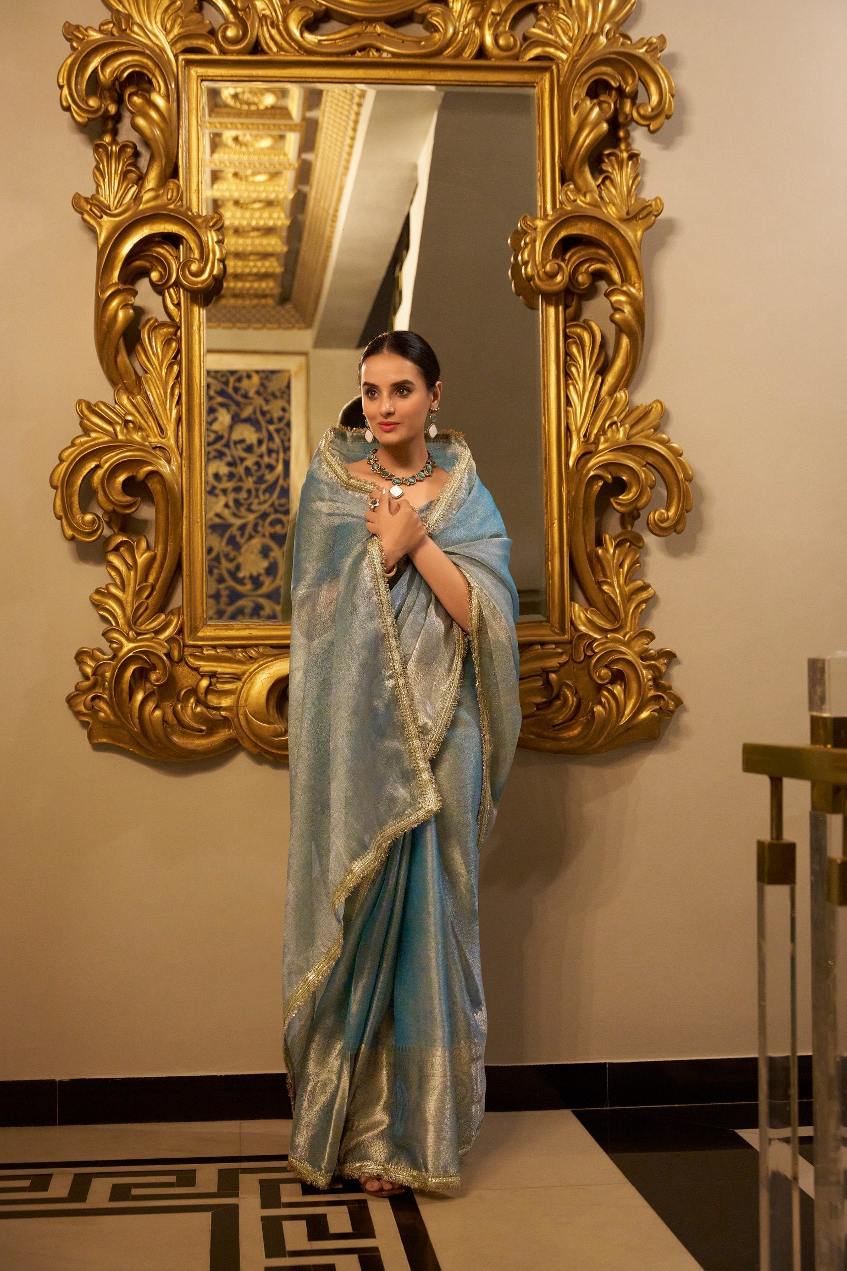 Tissue Shimmer Saree Zari Weaving Work With Sequins Lace Border