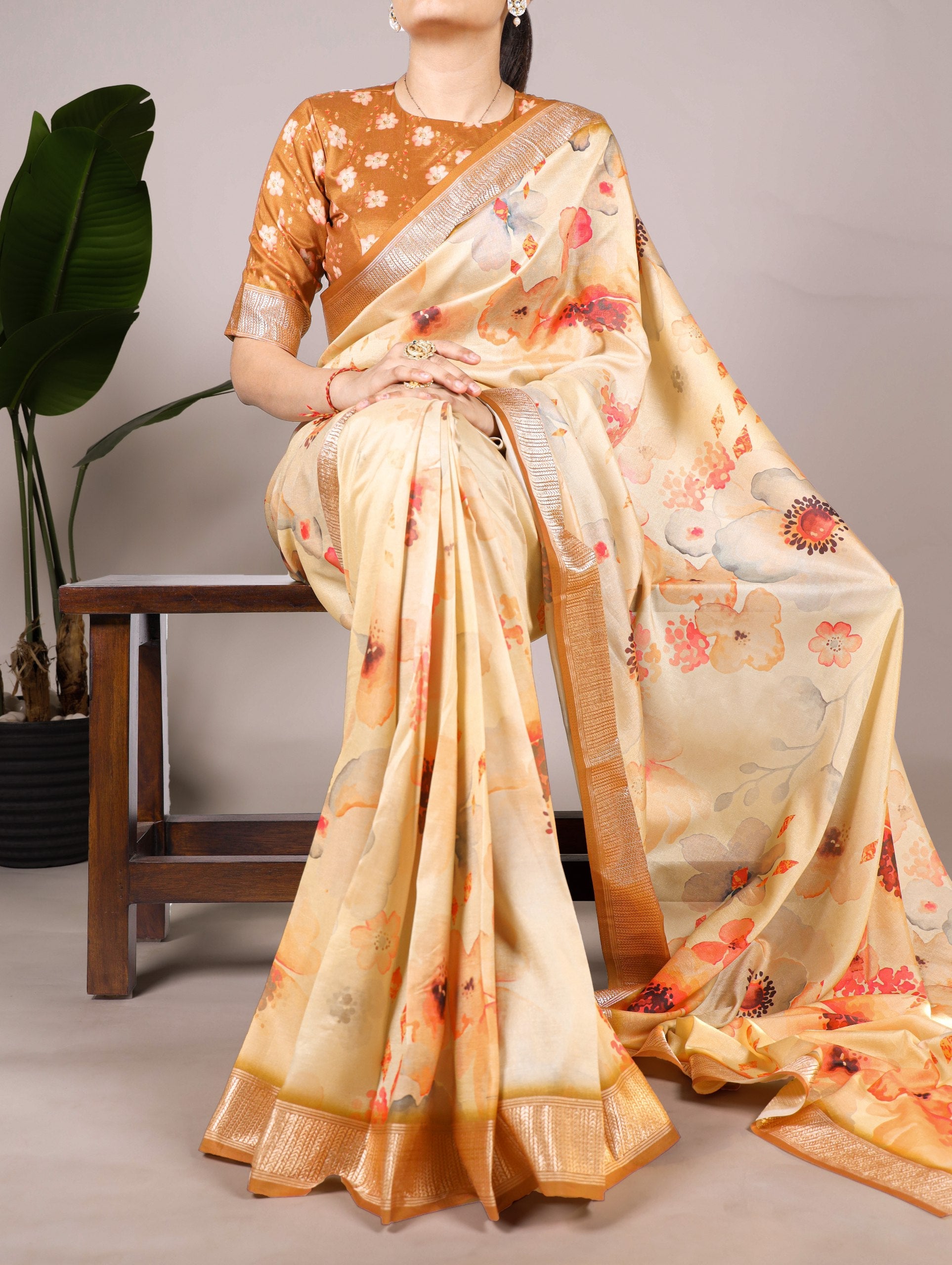 Tasar Silk With Viscose Border Floral Printed