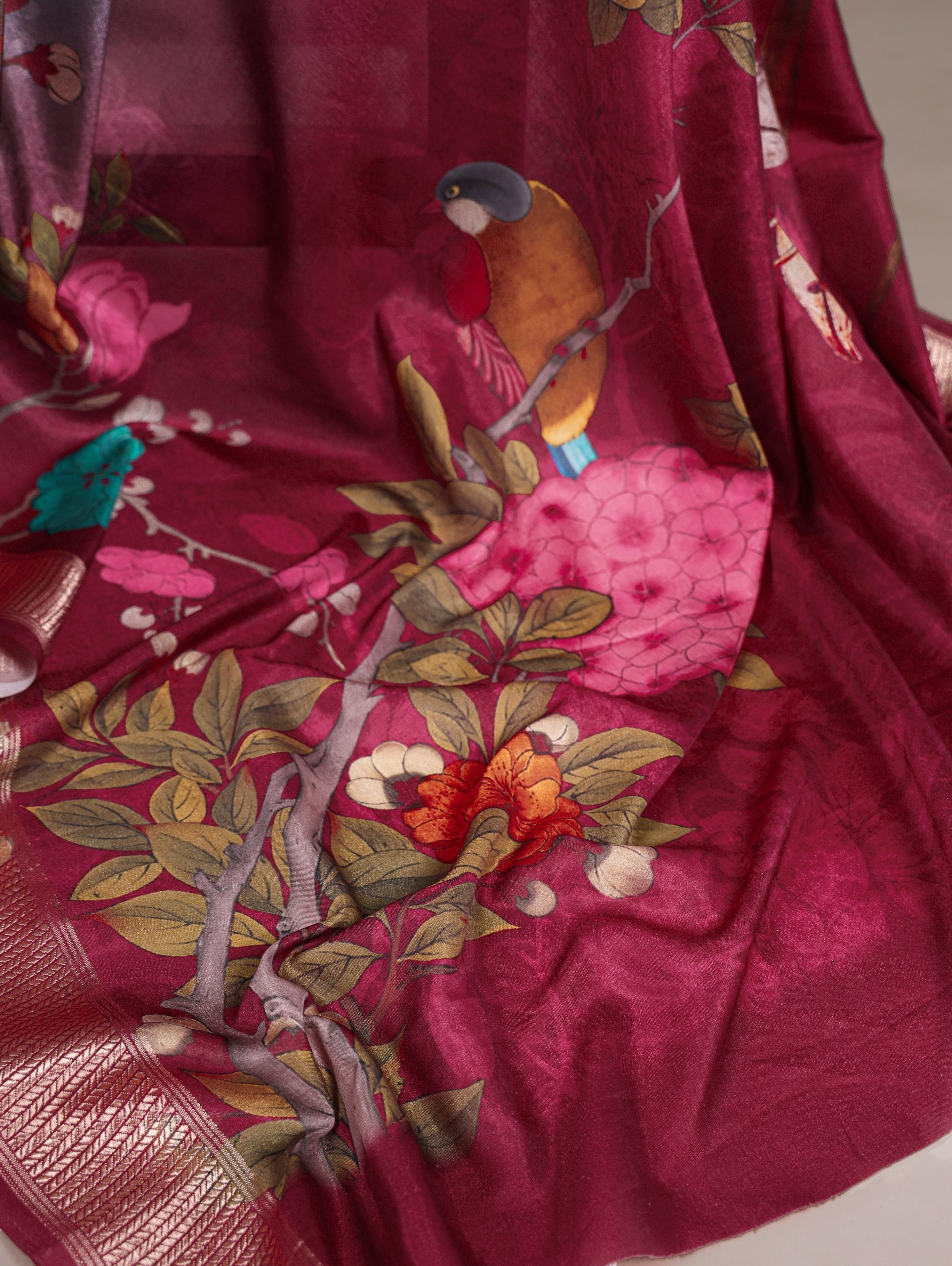 Tasar Silk With Viscose Border Floral Printed