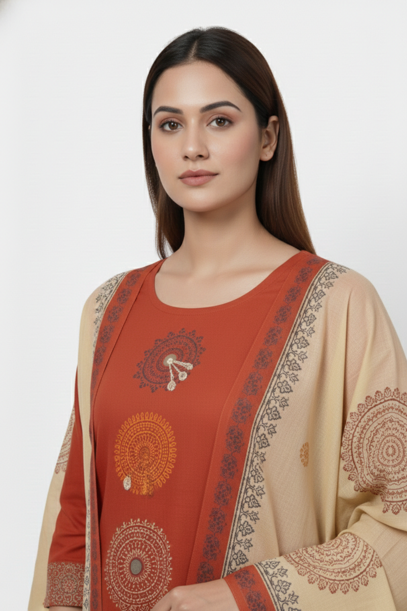 Rust Orange Handblock Print Kurta Pant Dupatta Set | 3PC Ethnic Wear