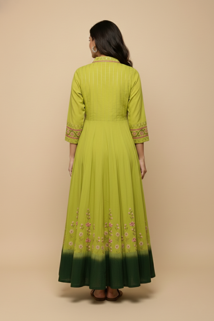 Pista Green Embroidered Anarkali Gown | Ombre Border | Festive Wear