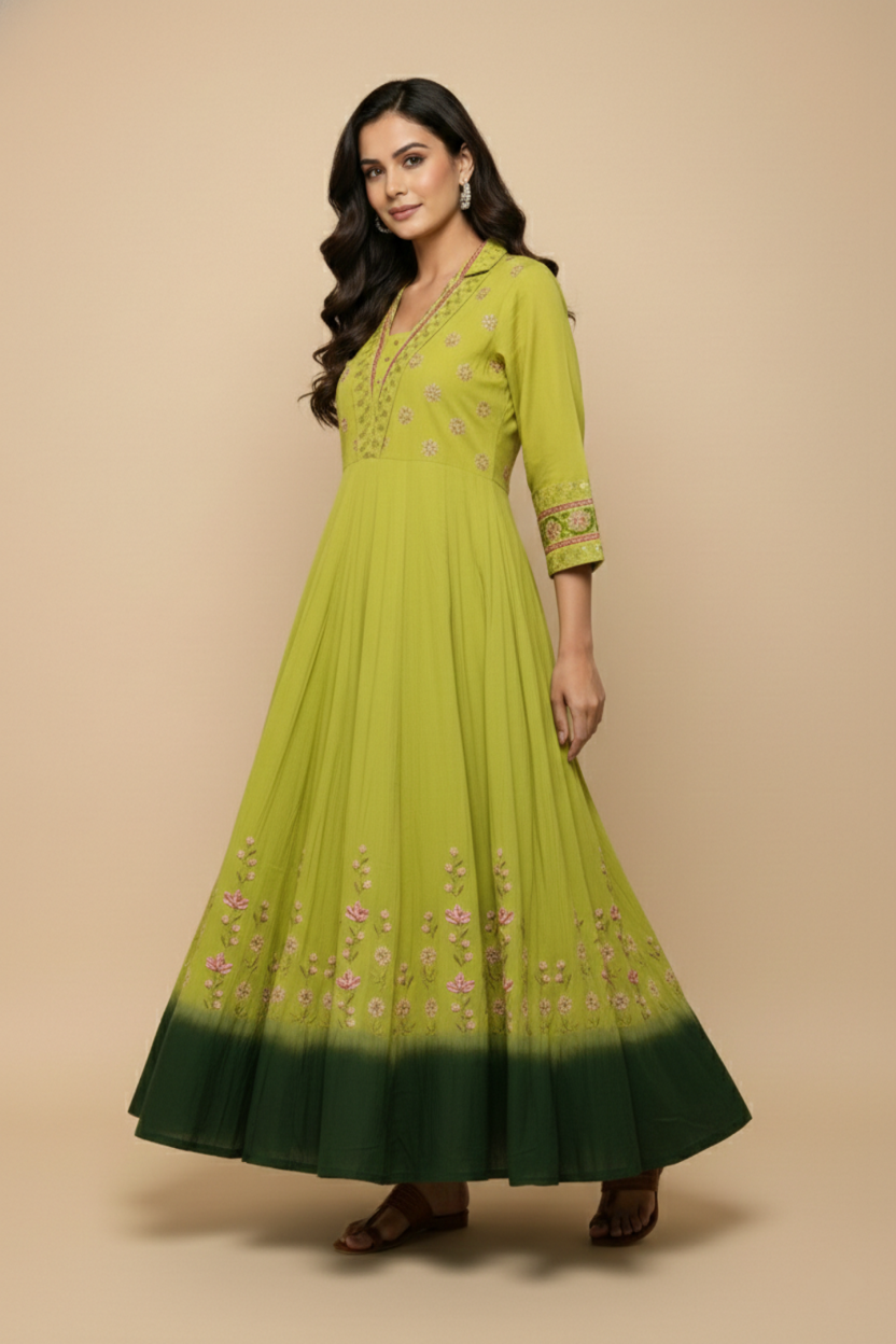 Pista Green Embroidered Anarkali Gown | Ombre Border | Festive Wear